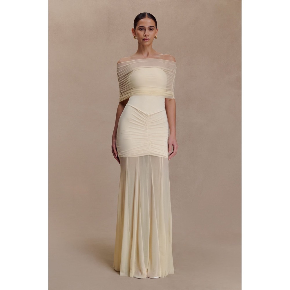 MESHKI Caspian Ivory Slinky Mesh Ruched Strapless Maxi Dress Size  S